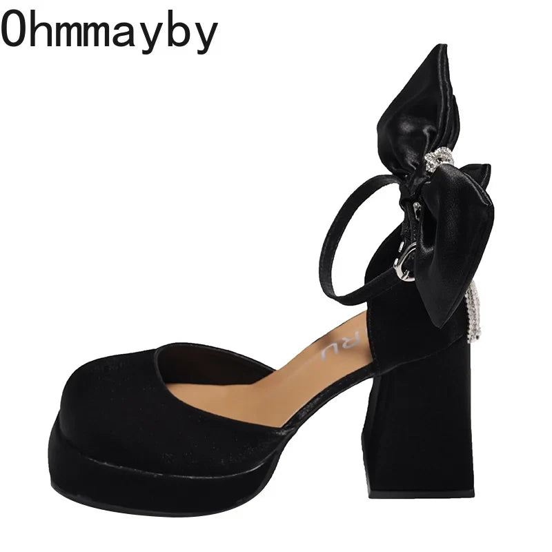 Women's Platform Mary Jane Pumps – Satin Bow & Rhinestone