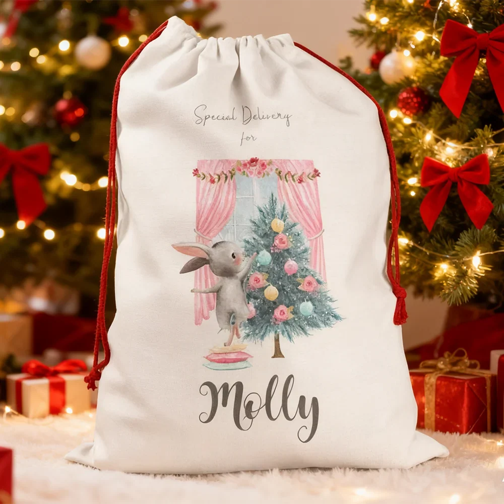 Personalized Pink Bunny Christmas Sack | Large Girl's Santa Bag