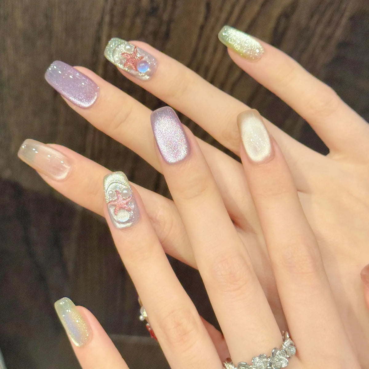 Handmade Cat Eye Press On Nails – Ocean Starfish Summer Design