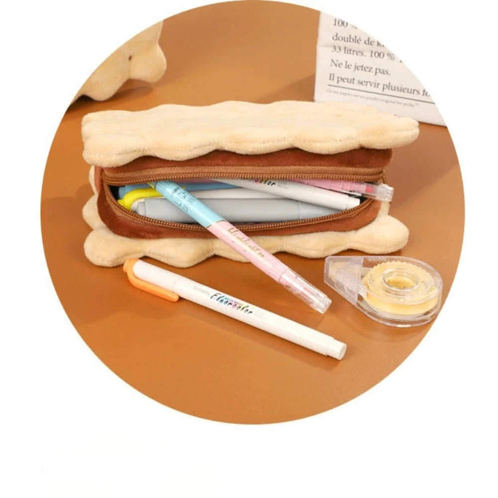 Kawaii Pencil Case Capacity Plush Cookies Pen Bags Cute Cartoon Brown