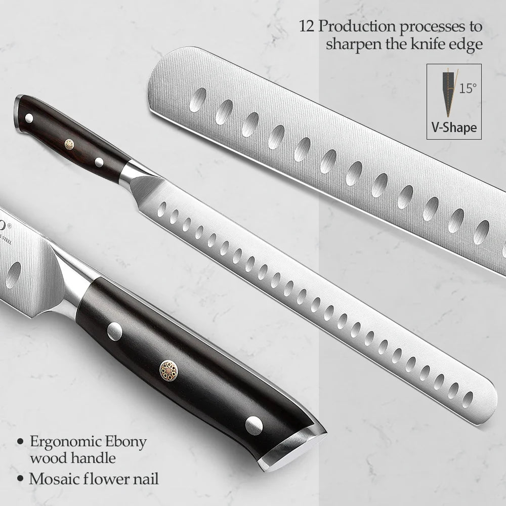 XINZUO 12" Granton Carving Knife – 1.4116 Steel Ebony Handle