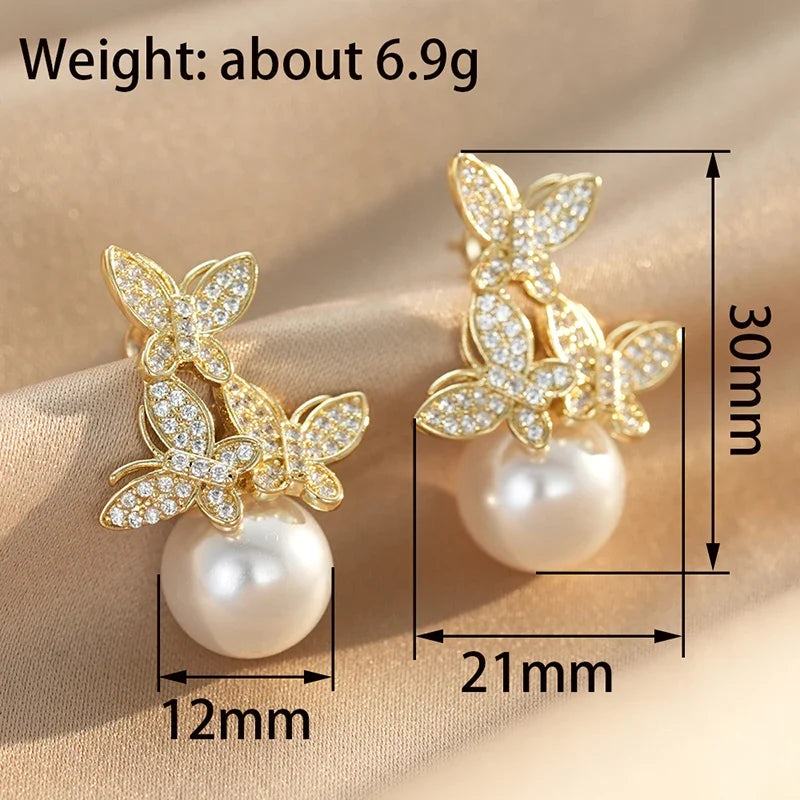 Huitan Butterfly Drop Earrings – CZ & Pearl Wedding Jewelry