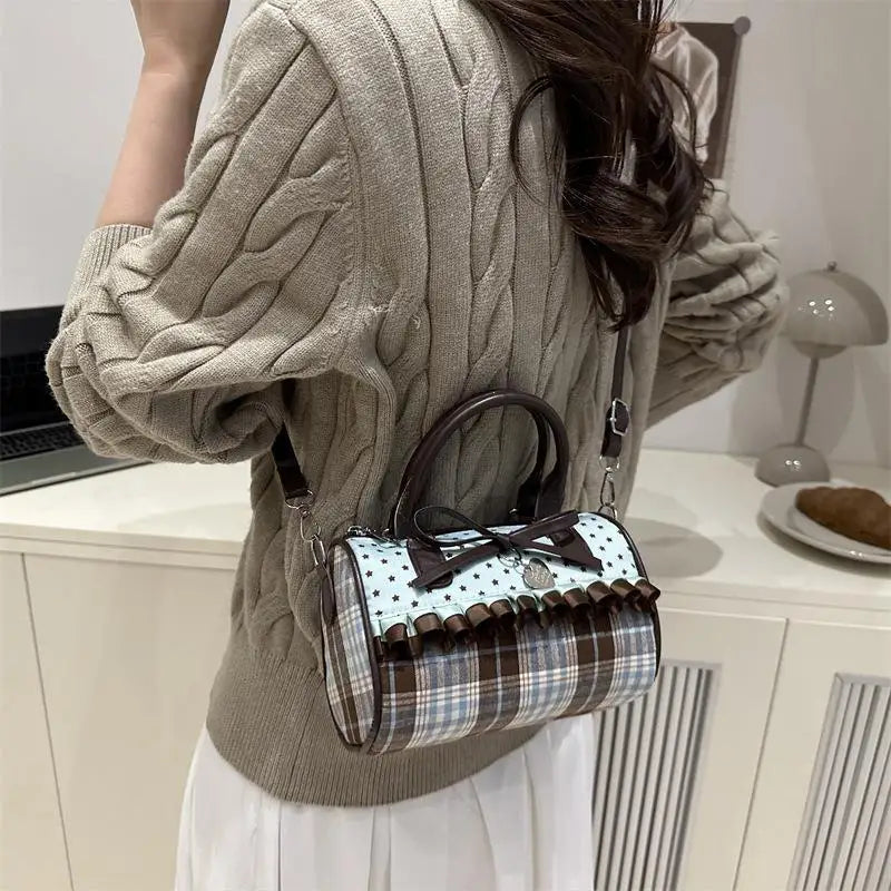 Kawaii Cylinder Crossbody Bag – Retro Bow Polka Dot Shoulder Bag
