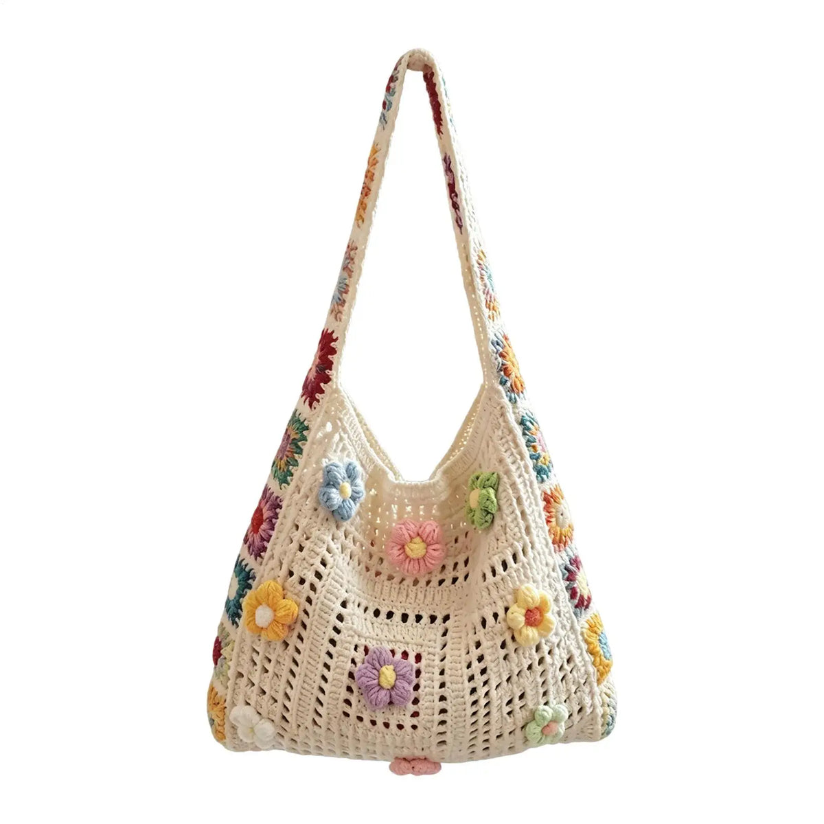 Boho Crochet Flower Tote Bag – Woven Beach Shoulder Handbag