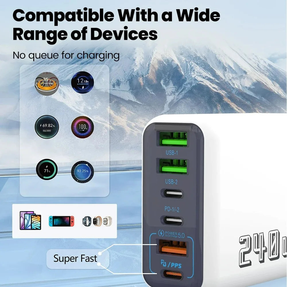 240W 6-Port USB-C Wall Charger PD3.0 QC3.0 | Fast Charging