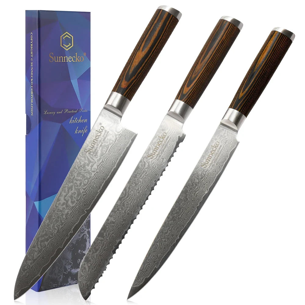 Sunnecko Damascus Chef Knife Set – VG10 Steel & Pakkawood