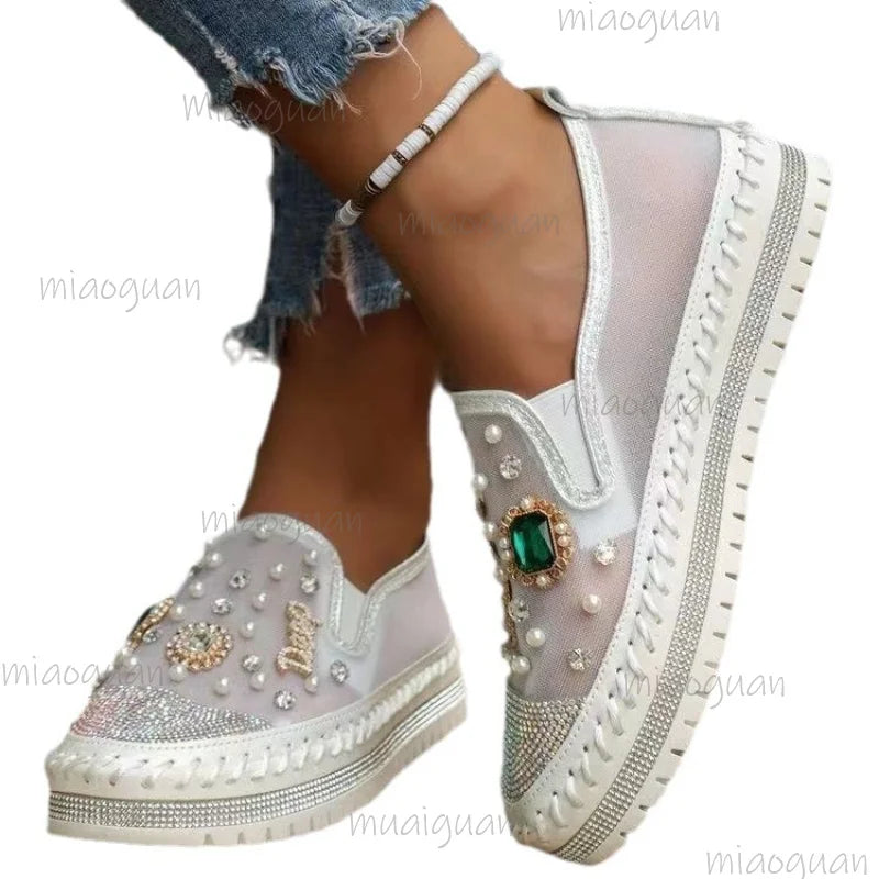 Women's Pearl Rhinestone Flat Loafers – Slip-On Summer Shoes