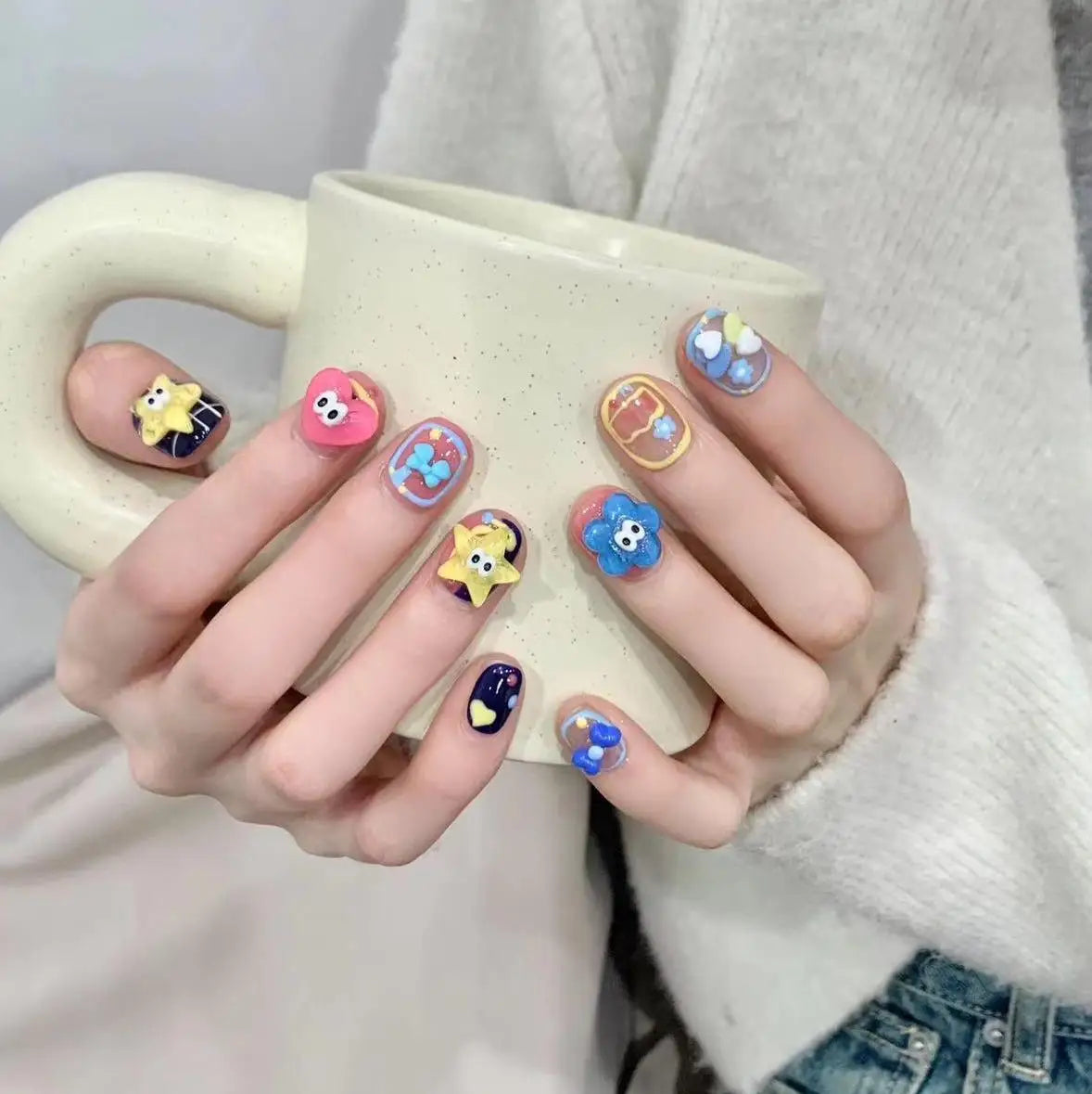 Handmade Y2K Press-On Nails Star & Cloud Cartoon Resin – 10pcs