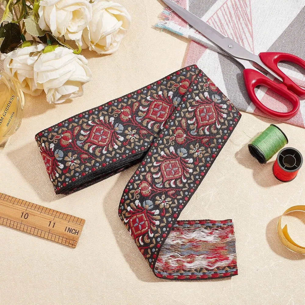 Ethnic Floral Jacquard Ribbon 2 Inch Indian Red – 10 Yards