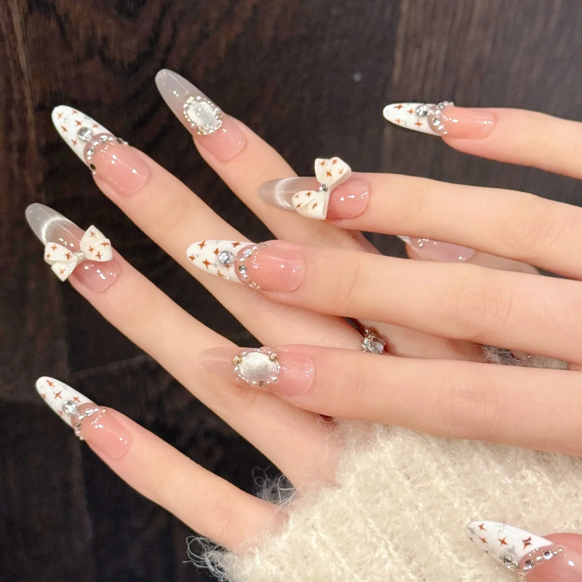 10pcs French Cat's Eye Press-On Nails | 3D Pearl Bow Almond