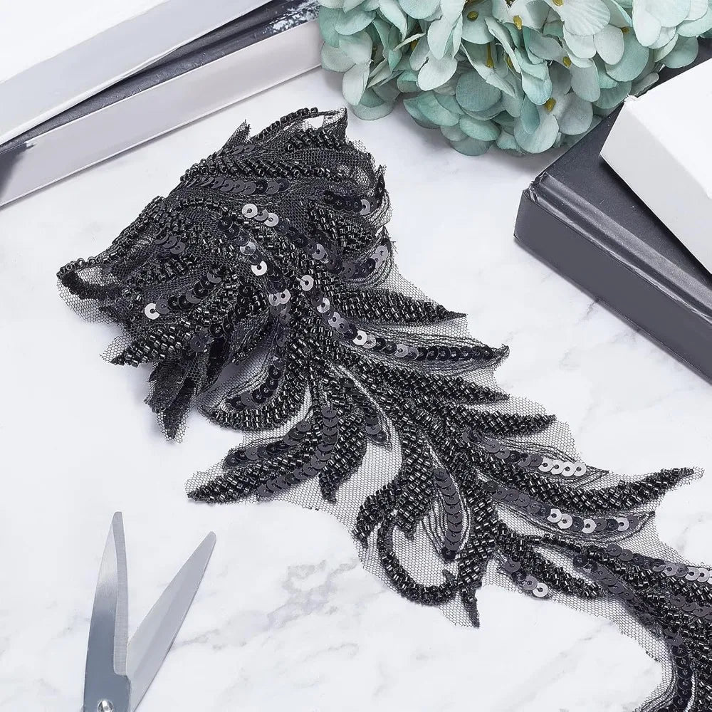 Black Sequin Beaded Lace Trim Ribbon – 1 Yard, 125mm Wide