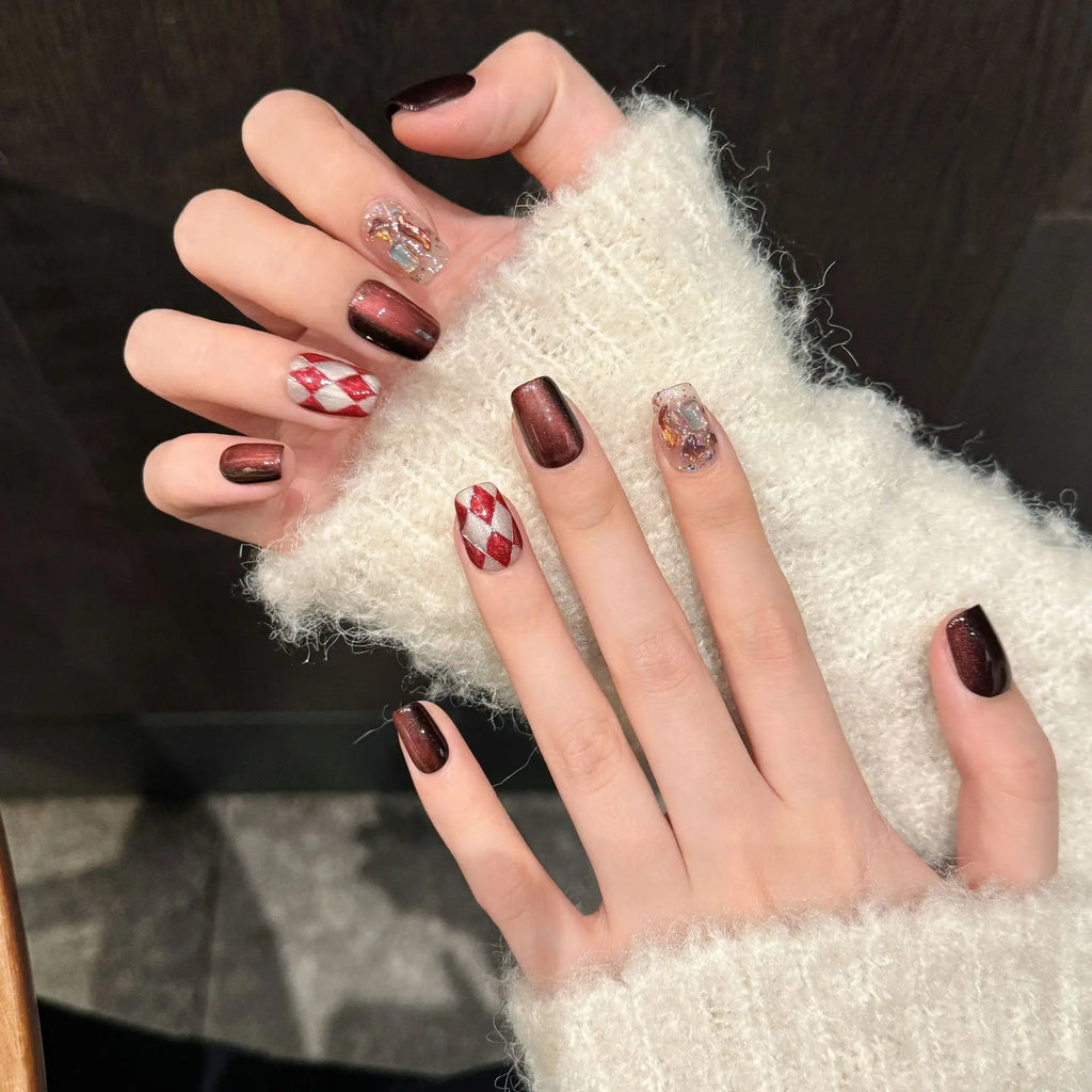 Press-On Nails Red Cat Eye Sequin Grid Short False Nails 10pc