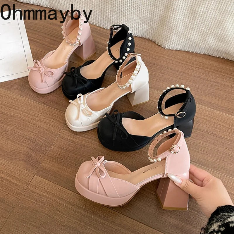 Women's Platform Mary Jane Pumps | Pearl Buckle Bow Heels