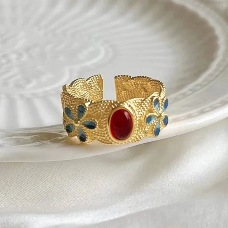 Huitan Gold Blue Flower Ring Red Stone – Women's Fashion Ring