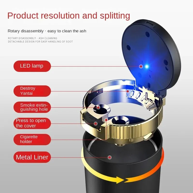 Car & Home Ashtray with Lid & Blue LED Light | ABS + Metal