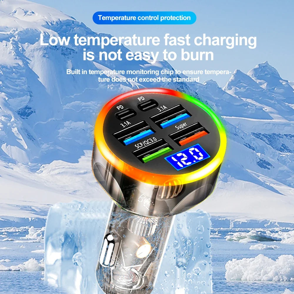 200W 6-Port Car Charger PD QC3.0 Fast Charging Digital Display
