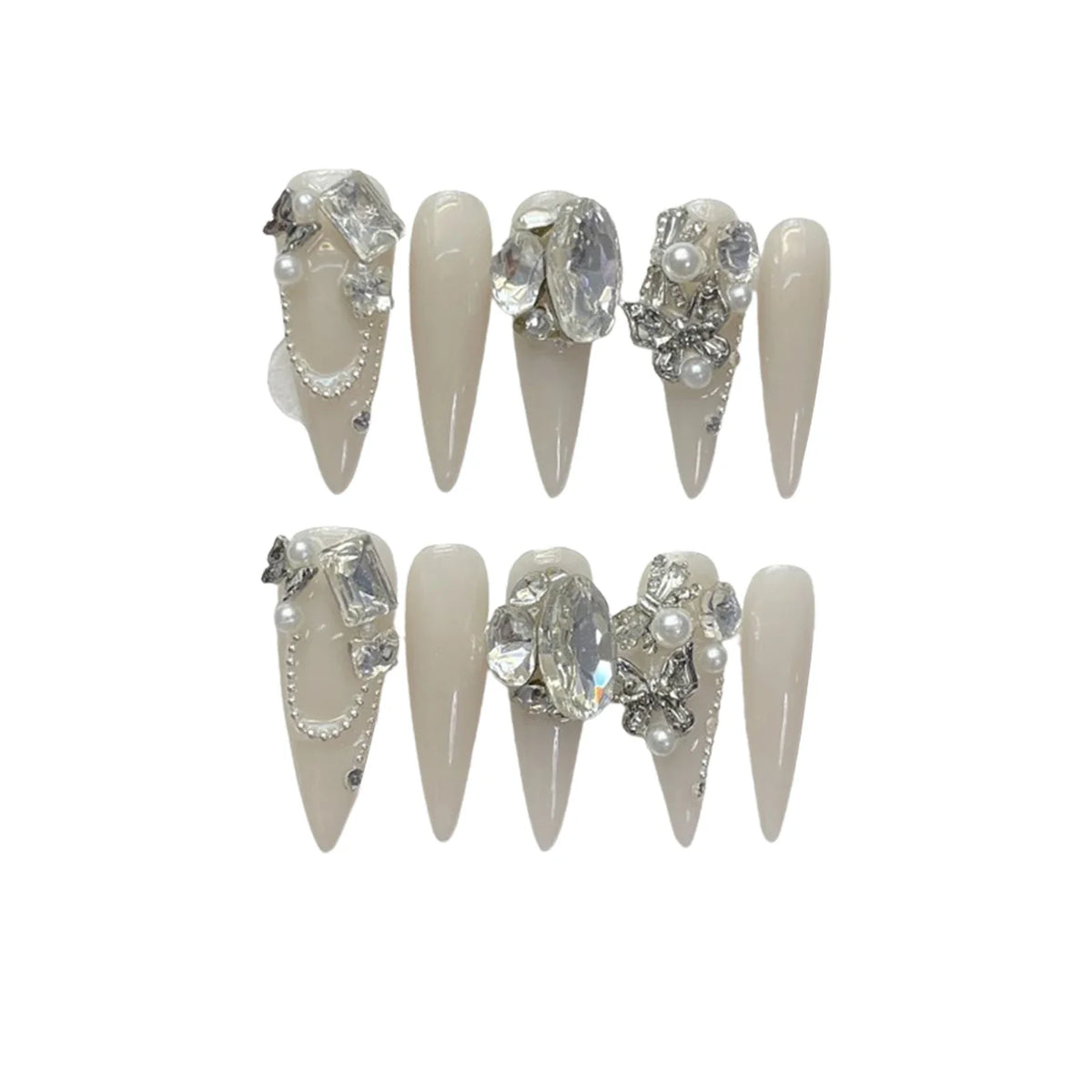 Stiletto Press On Nails – Rhinestone Crystal Pearl False Tips