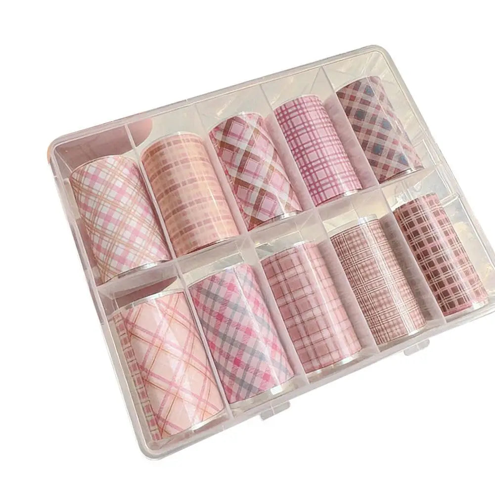 10-Roll Plaid & Flower Nail Foil Transfer Stickers | Nail Decals