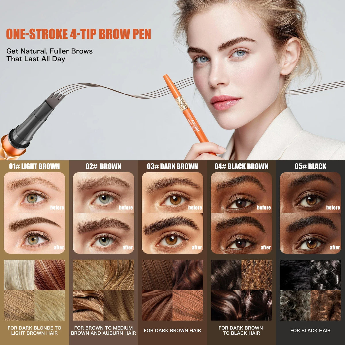 Hello Kiss 4-Tip Waterproof Liquid Eyebrow Pen | 3D Microblading