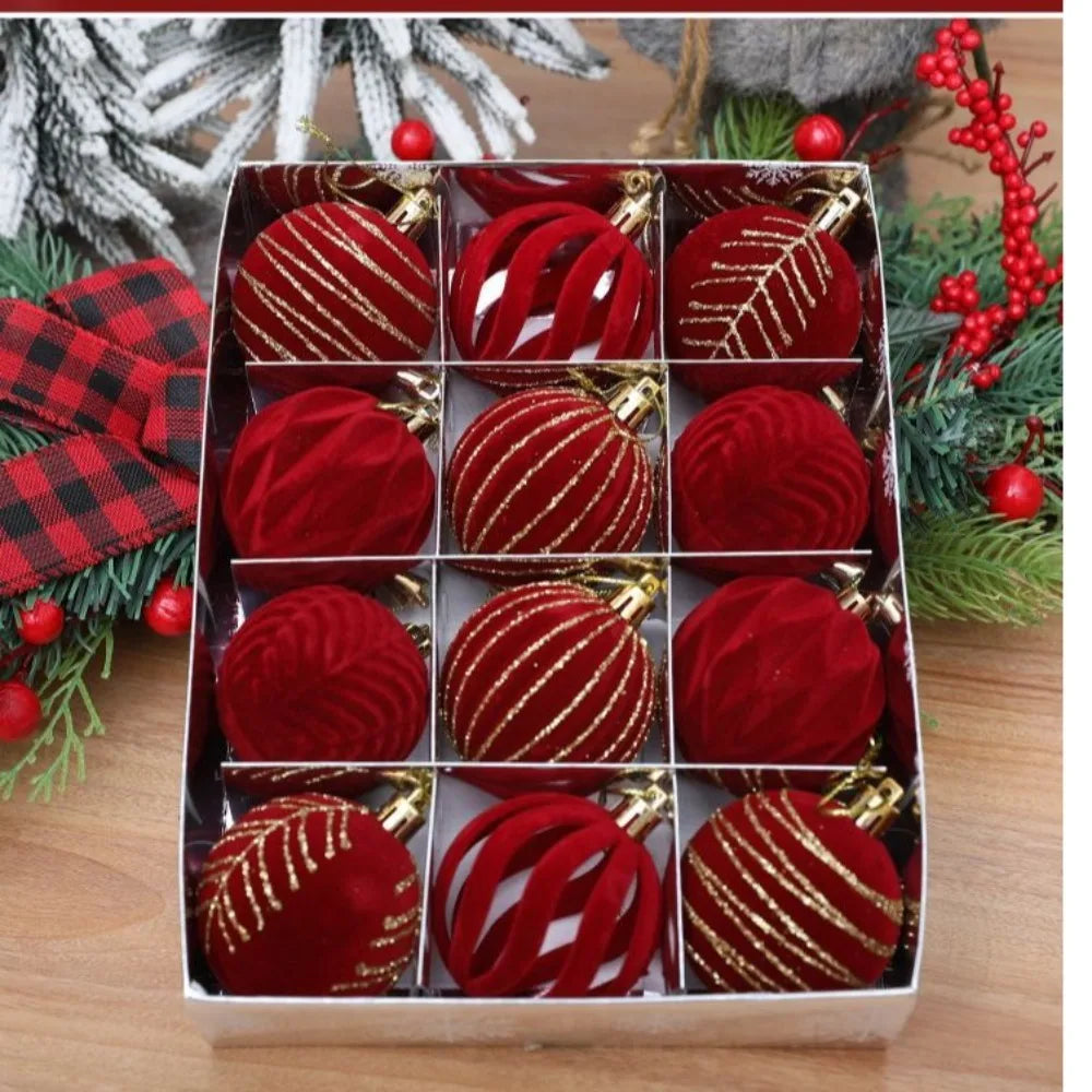 12-Pack Velvet Christmas Ball Ornaments – Gift Box Pendants