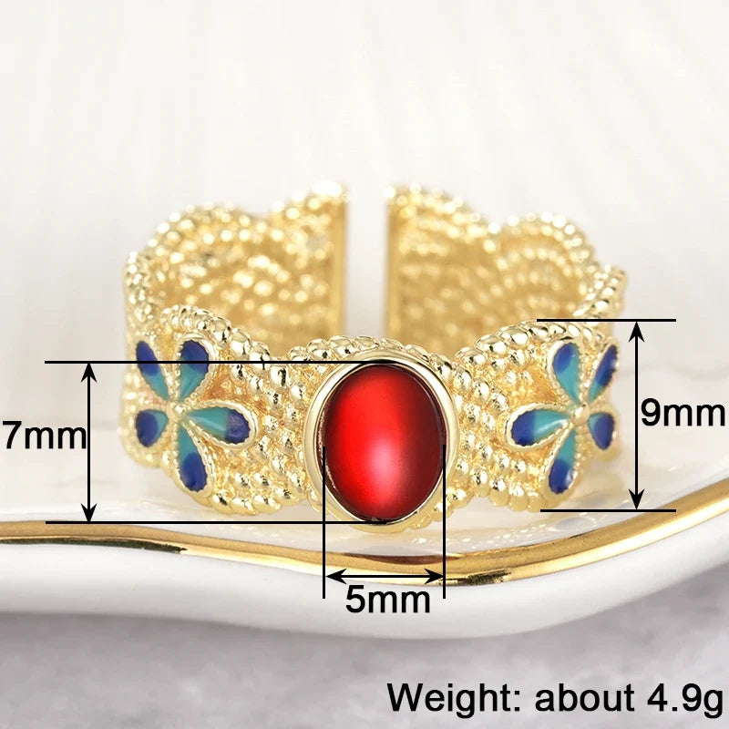 Huitan Gold Blue Flower Ring Red Stone – Women's Fashion Ring