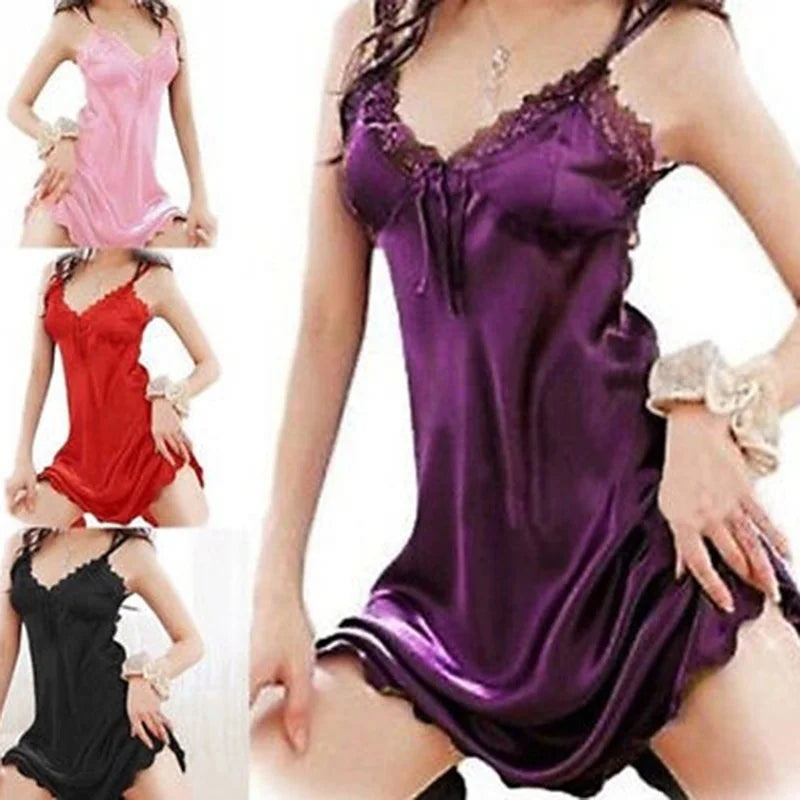 Women's Lace Babydoll Nightgown – Off Shoulder Satin Sleep Dress