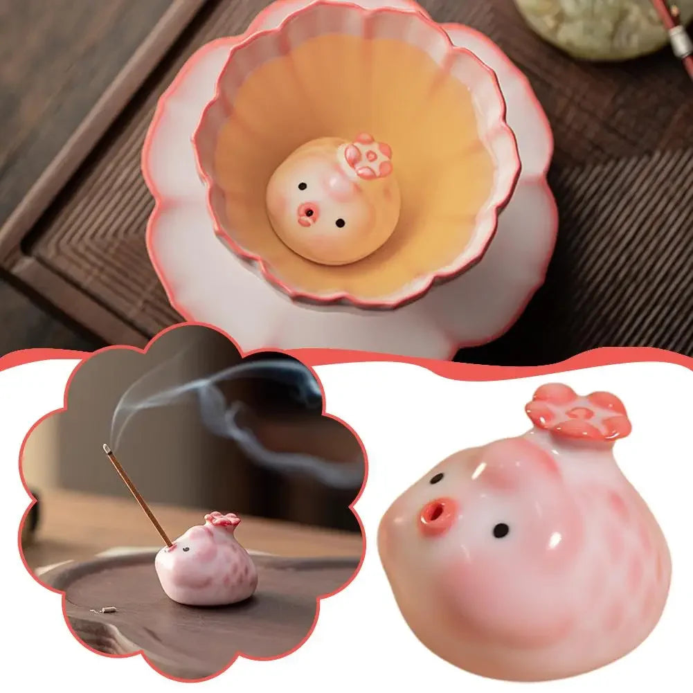 Ceramic Bubble Fish Tea Pet Figurine | Pink Cherry Fish Statue