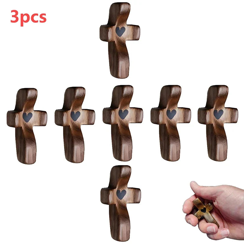 3-Pack Pocket Wooden Cross with Epoxy Heart | Faith Gift Set