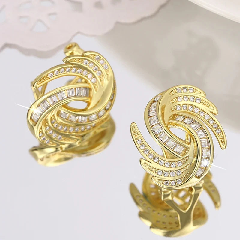 Huitan Gold Cubic Zirconia Stud Earrings | Geometric Fashion