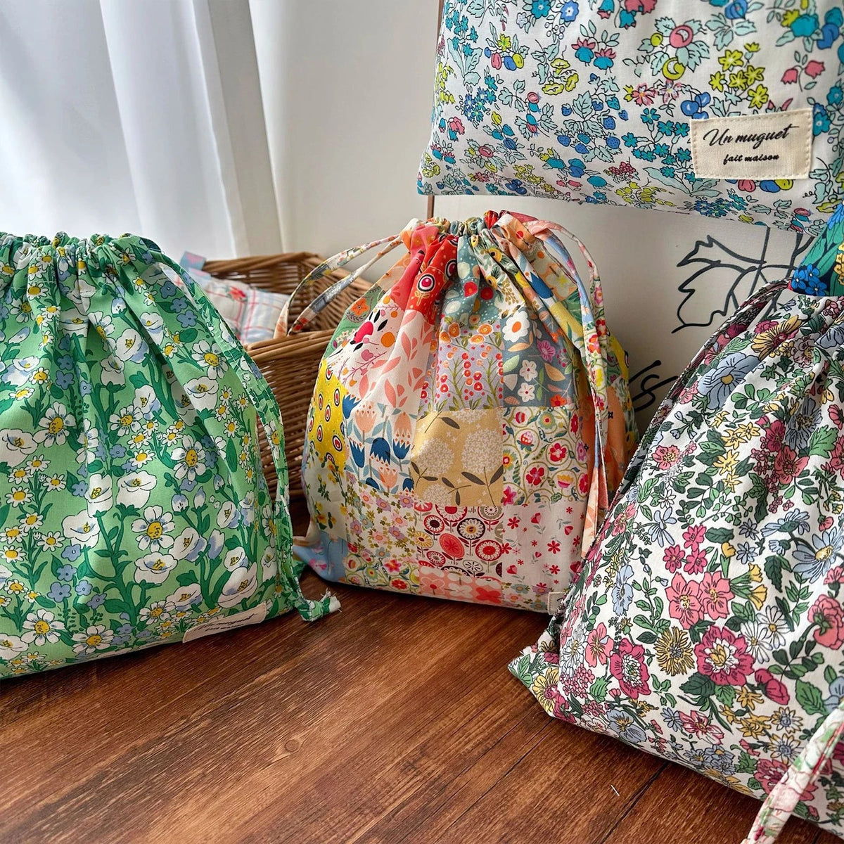 Floral Drawstring Cotton Gift Bags – Party Favors & Storage Pouches