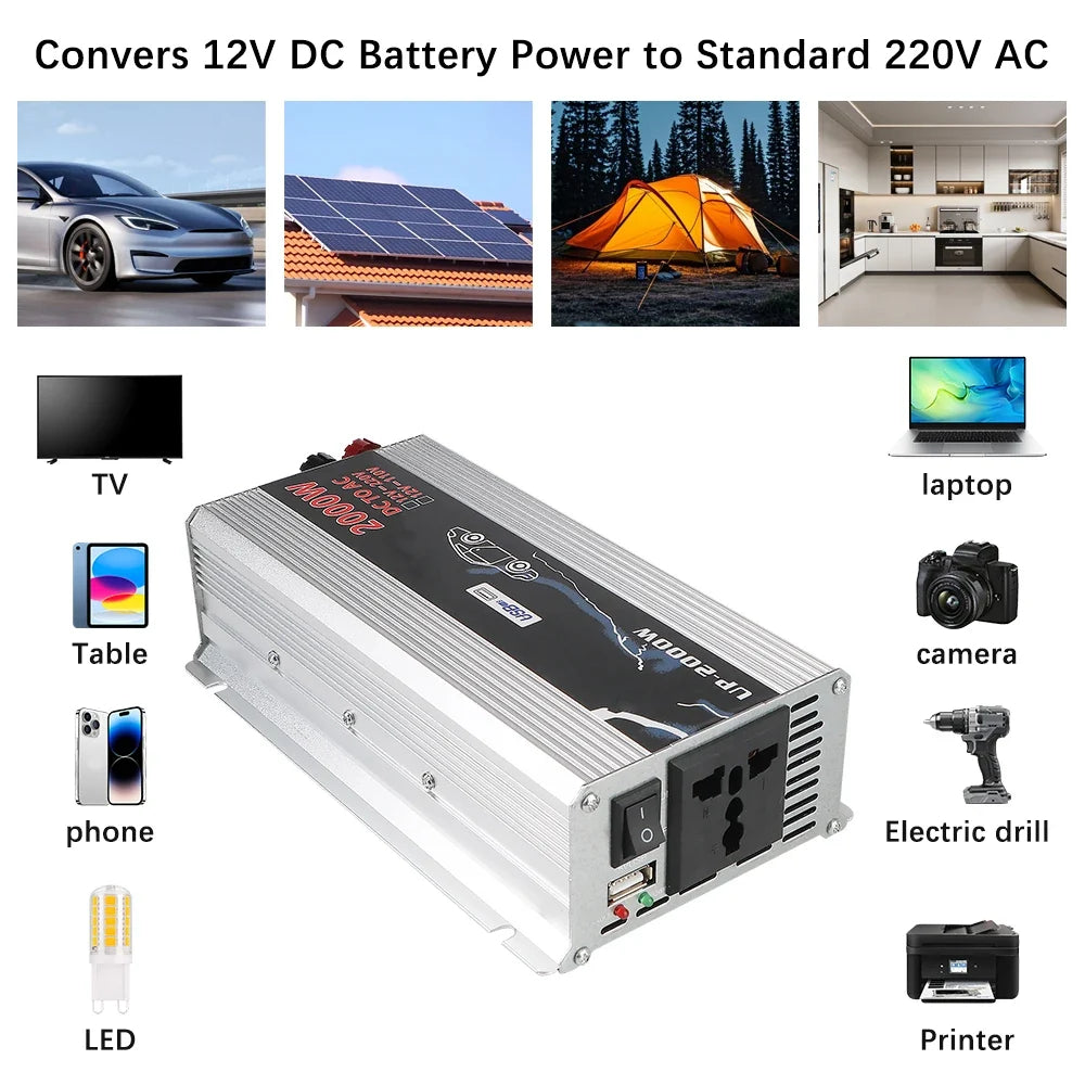 2000W Car Power Inverter 12V to 220V Pure Sine Wave + USB