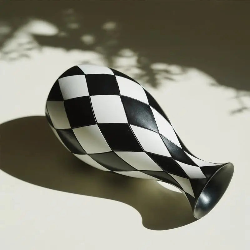 Black White Checkered Resin Vase | Modern Home Décor Accent