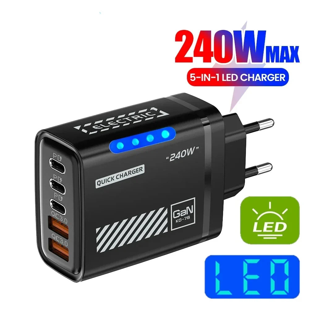 240W GaN 5-Port Fast Charger USB-C PD Desktop Adapter