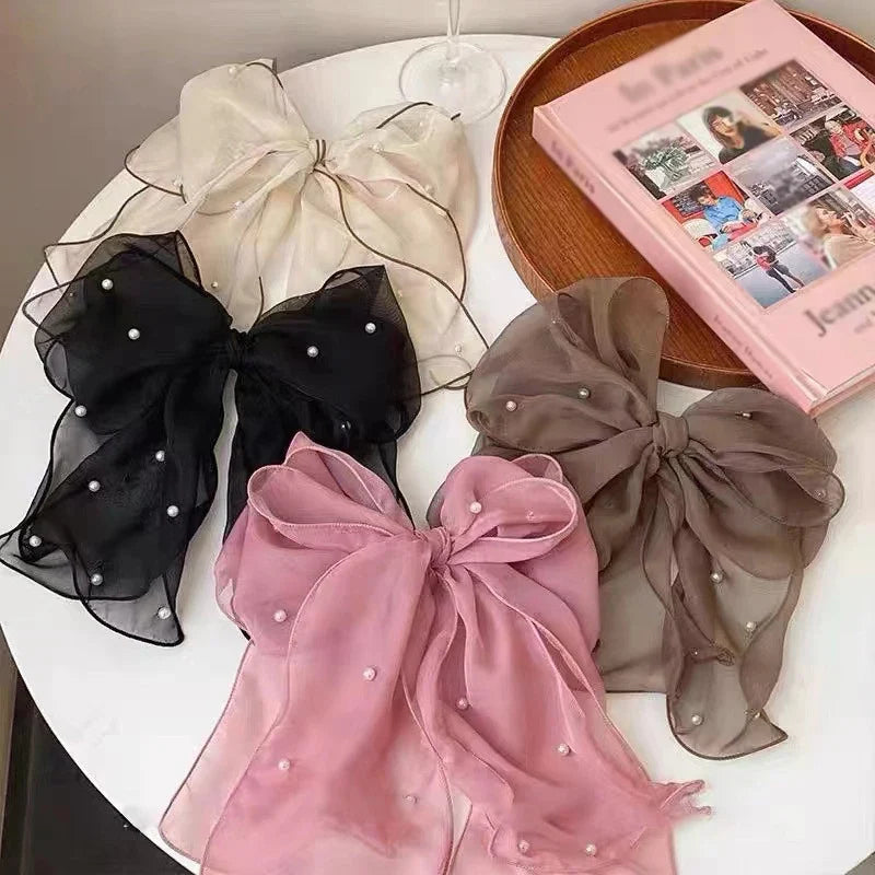 Pearl Bow Hair Clip – Elegant Chiffon Ribbon Barrette for Women