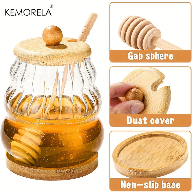 KEMORELA Glass Honey Jar with Wooden Spoon & Lid – 330/450ML