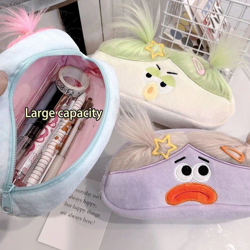 Kawaii Plush Pencil Case – Large Capacity Cartoon Big Mouth Girl