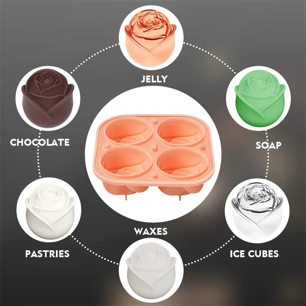 3D Large Ice Cube Trays Rose Molds 4 Giant Cute Flower Shape Silicone