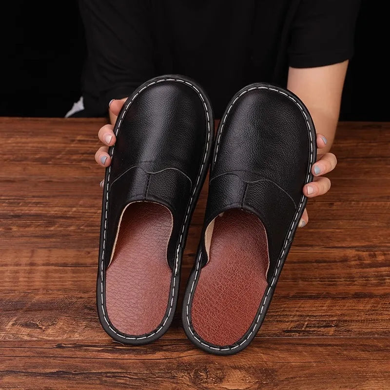 Lorilury Men's Waterproof PU Leather House Slippers