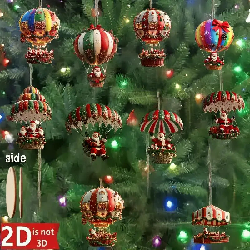 10-Piece Wooden Christmas Ornaments – Santa & Hot Air Balloon