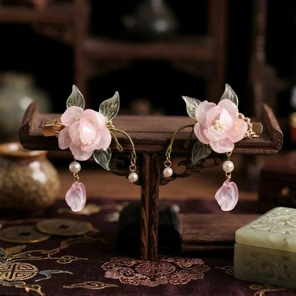 Vintage Pink Glass Flower Hair Clips for Girls – Set of 2