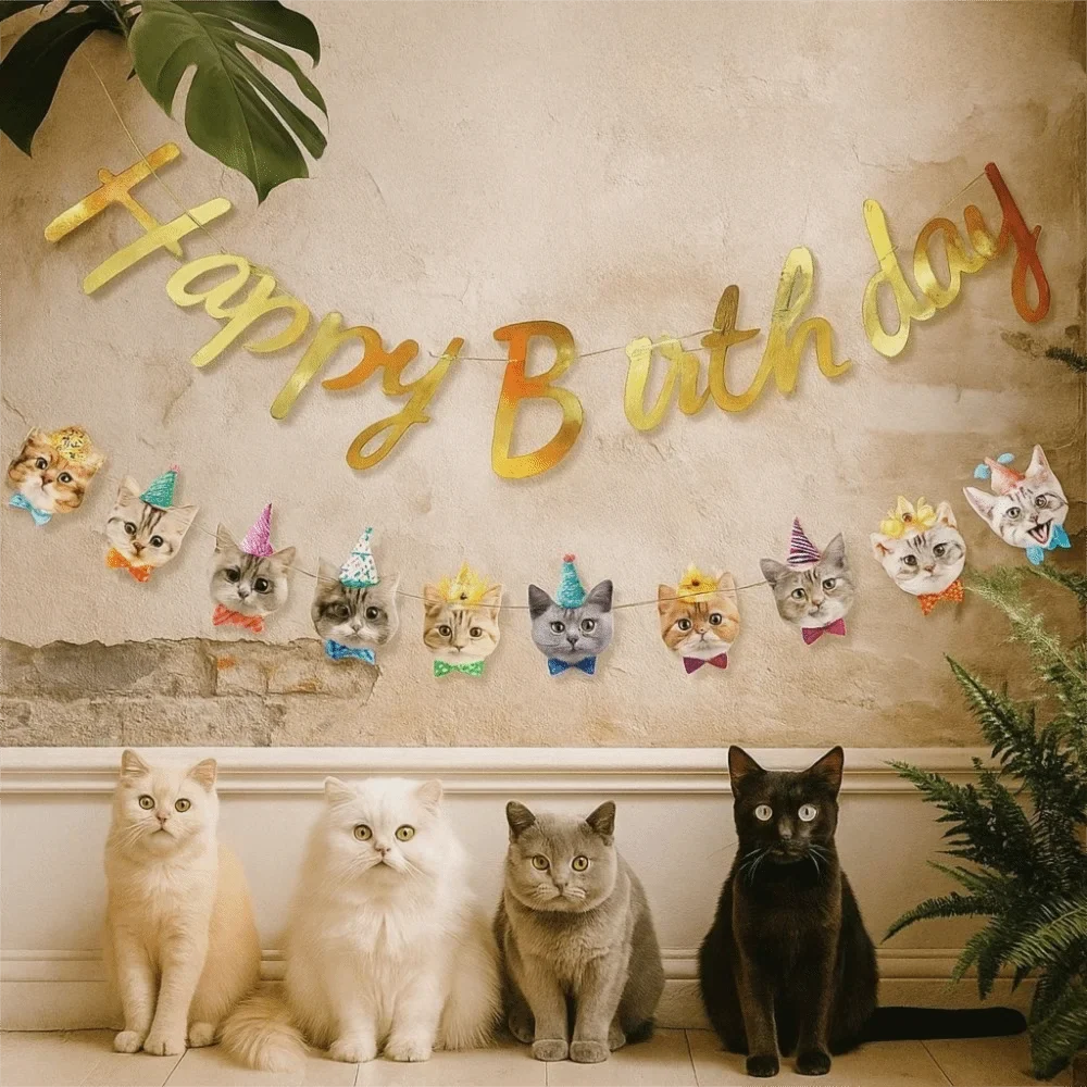 Cartoon Cat Happy Birthday Banner – DIY Paper Garland Decor
