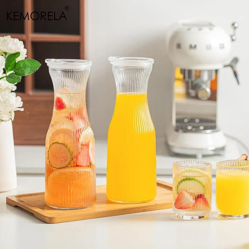 1L Ribbed Glass Carafe with Lid & Chalkboard Labels | Set of 2