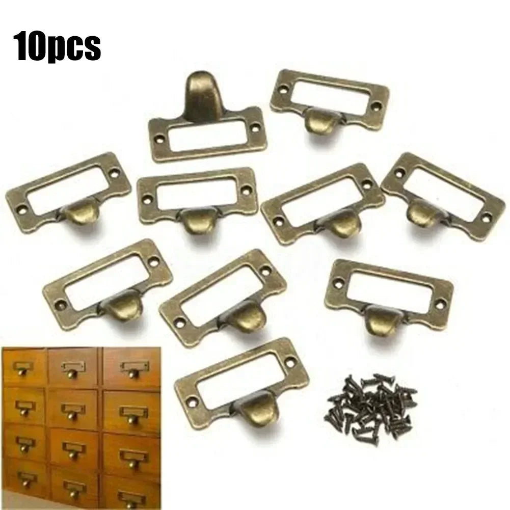 10-Pack Antique Brass Label Pulls 48x35mm | Cabinet Name Card Holders