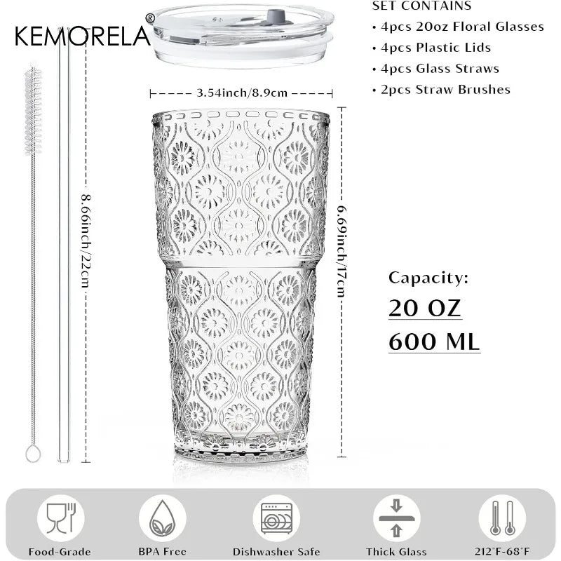 KEMORELA 600ml Begonia Glass Tumblers Set of 4 with Lids & Straws
