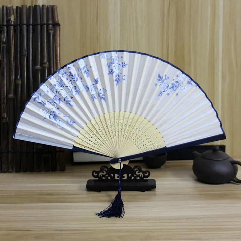Chinese Engraved Folding Hand Fan Wooden Shank Classical Dance Tassel