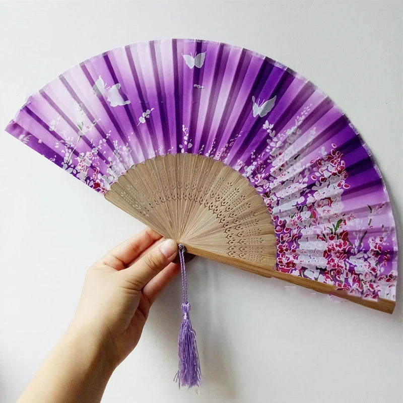 Chinese Engraved Folding Hand Fan Wooden Shank Classical Dance Tassel