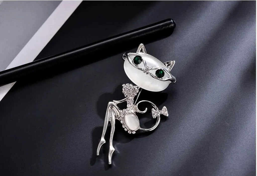 Opal Cat Eye Stone Brooch – Crystal Kitten Pin for Women