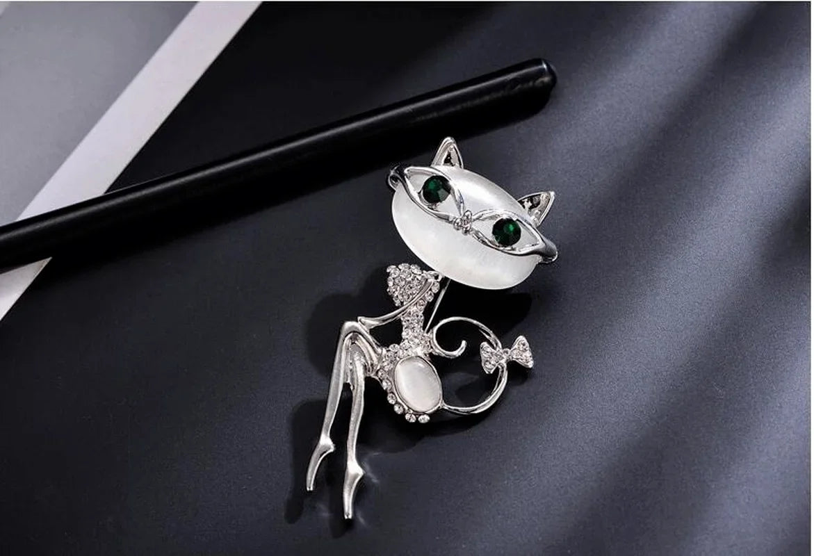 Opal Cat Eye Stone Brooch – Crystal Kitten Pin for Women