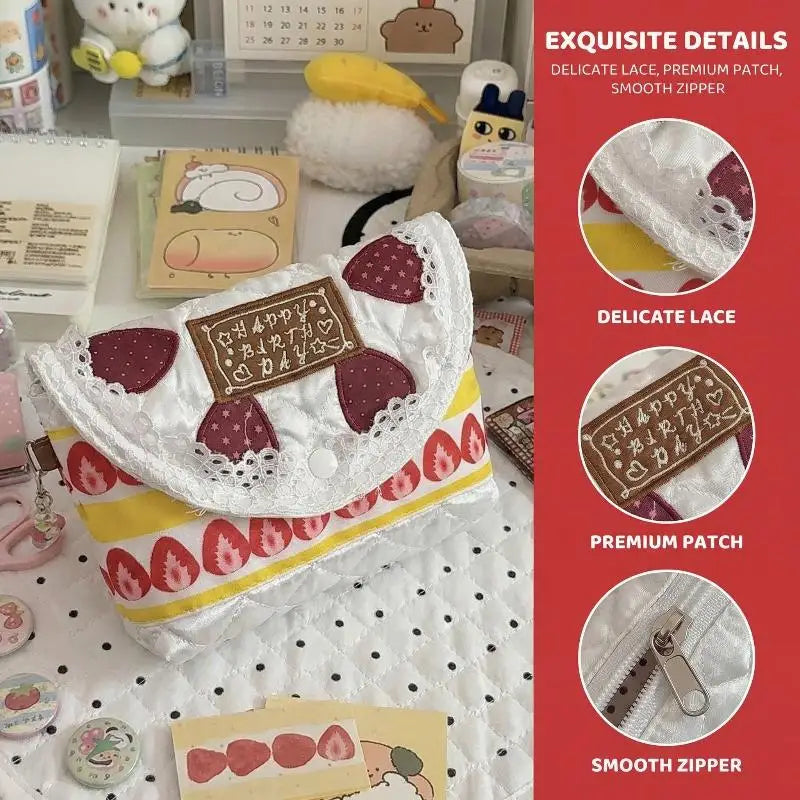 Strawberry Cake Pouch – Kawaii Zipper Organizer Bag