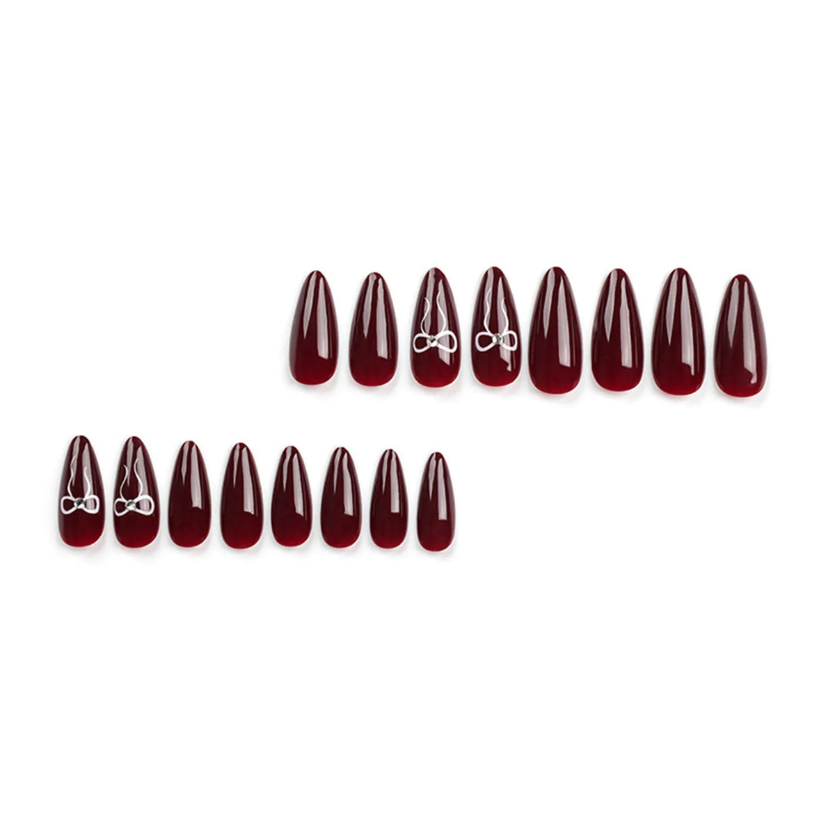 Korean Bow Press On Nails – Wine Red Almond | 24pcs Set